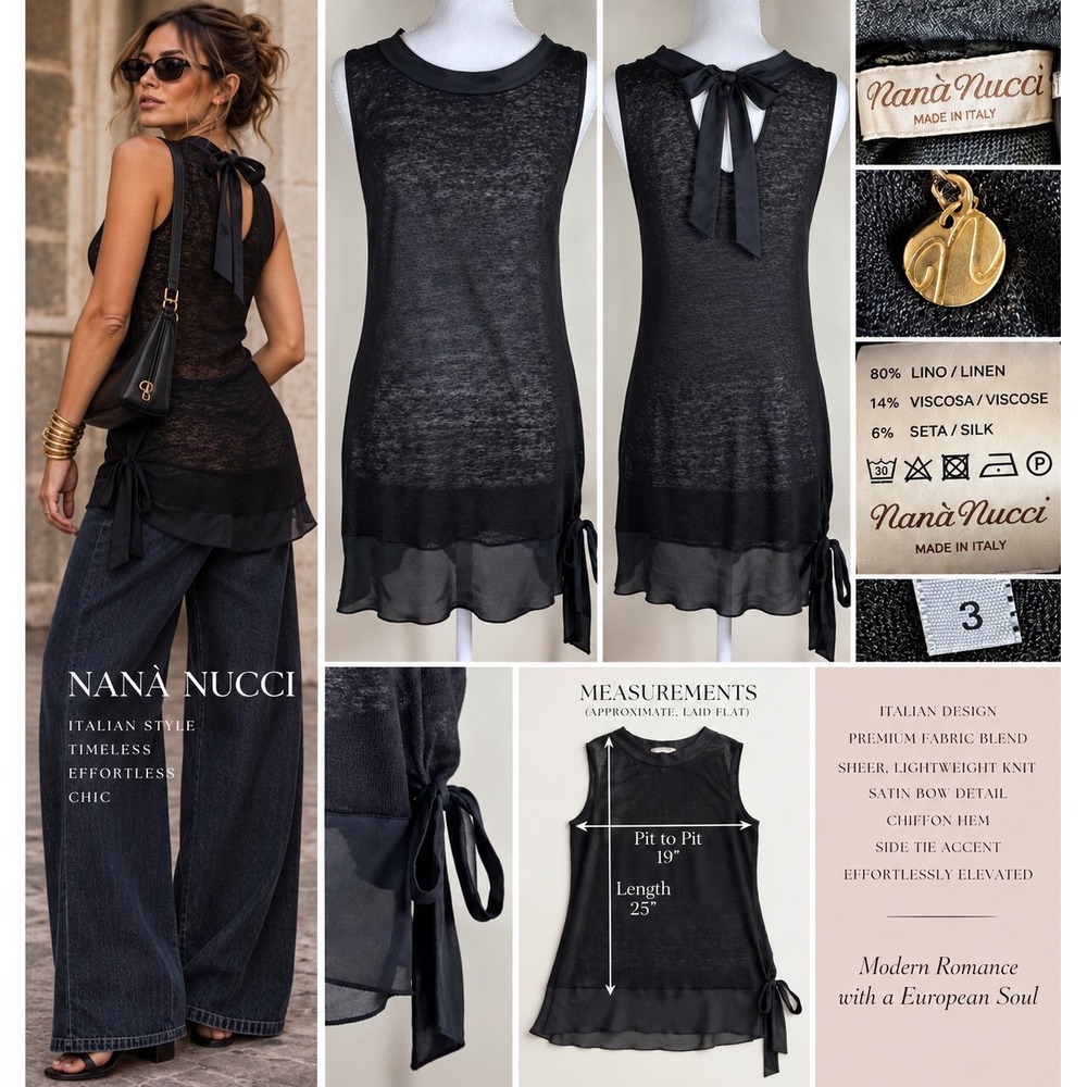 Nana Nucci Italy Black Linen Silk Sheer Tunic Top Bow Dark Romantic Boho